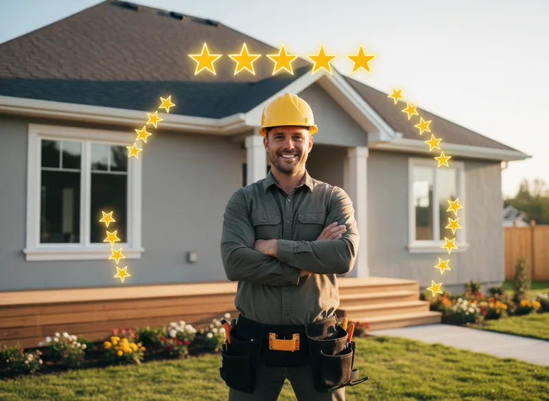 Successful contractor standing in front of completed project