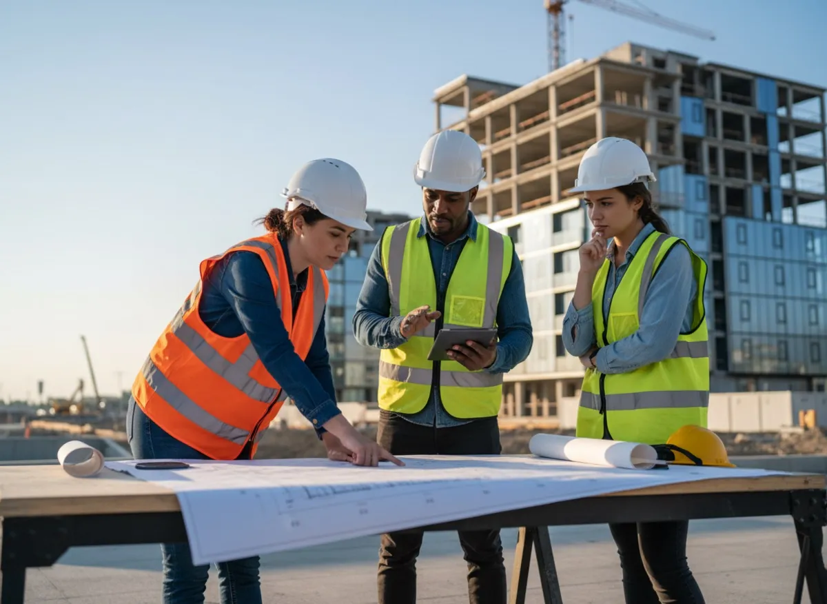 Team of contractors collaborating on blueprints at a construction site