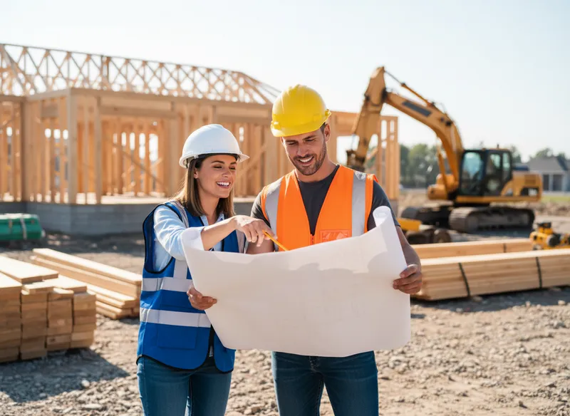 Contractor reviewing blueprints with homeowner