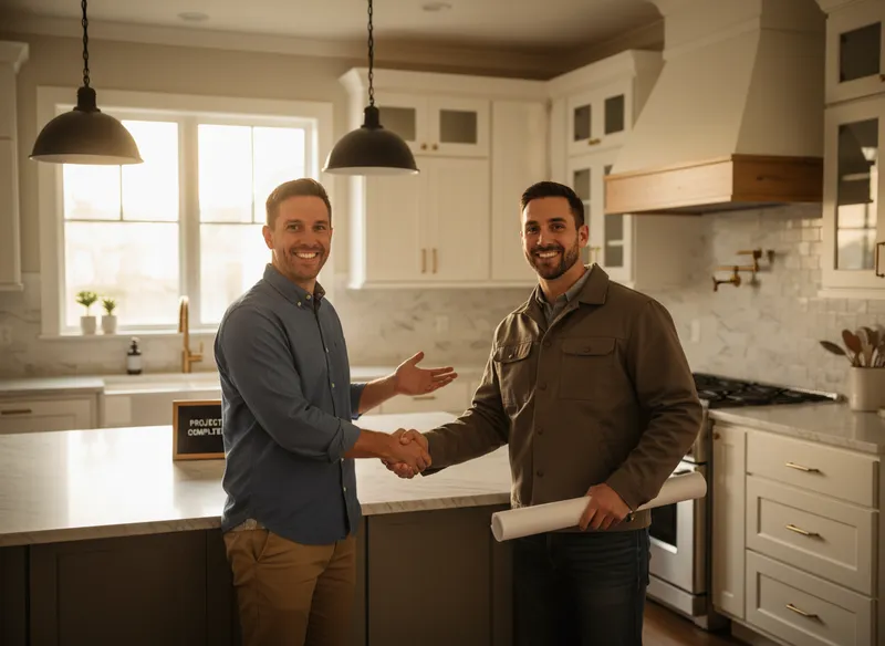 Homeowner and contractor shaking hands after project completion